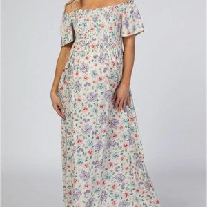 NWT Maternity Ivory Floral Smocked Off Shoulder Maxi Dress Medium